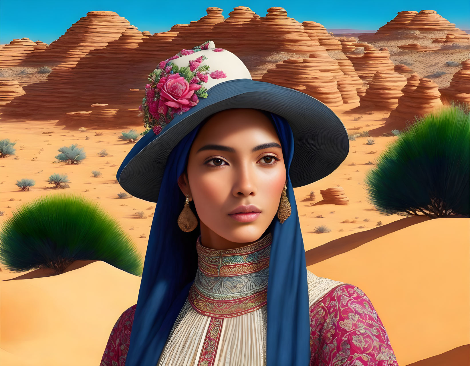 Woman in floral hat and traditional attire in desert landscape