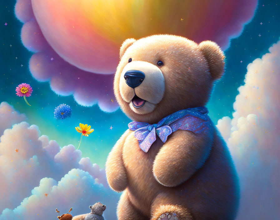 Teddy bear with blue bow tie in surreal sky with heart-shaped planet.