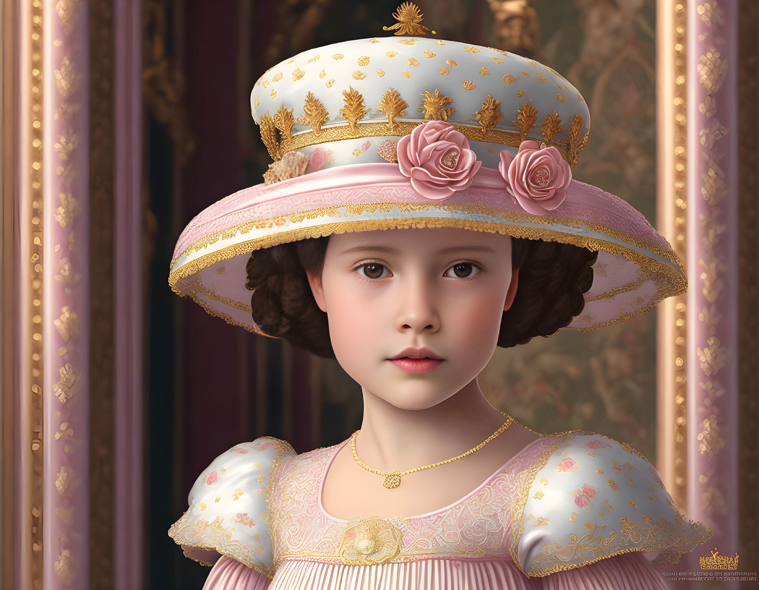 Young girl in vintage attire with decorative hat in digital art portrait