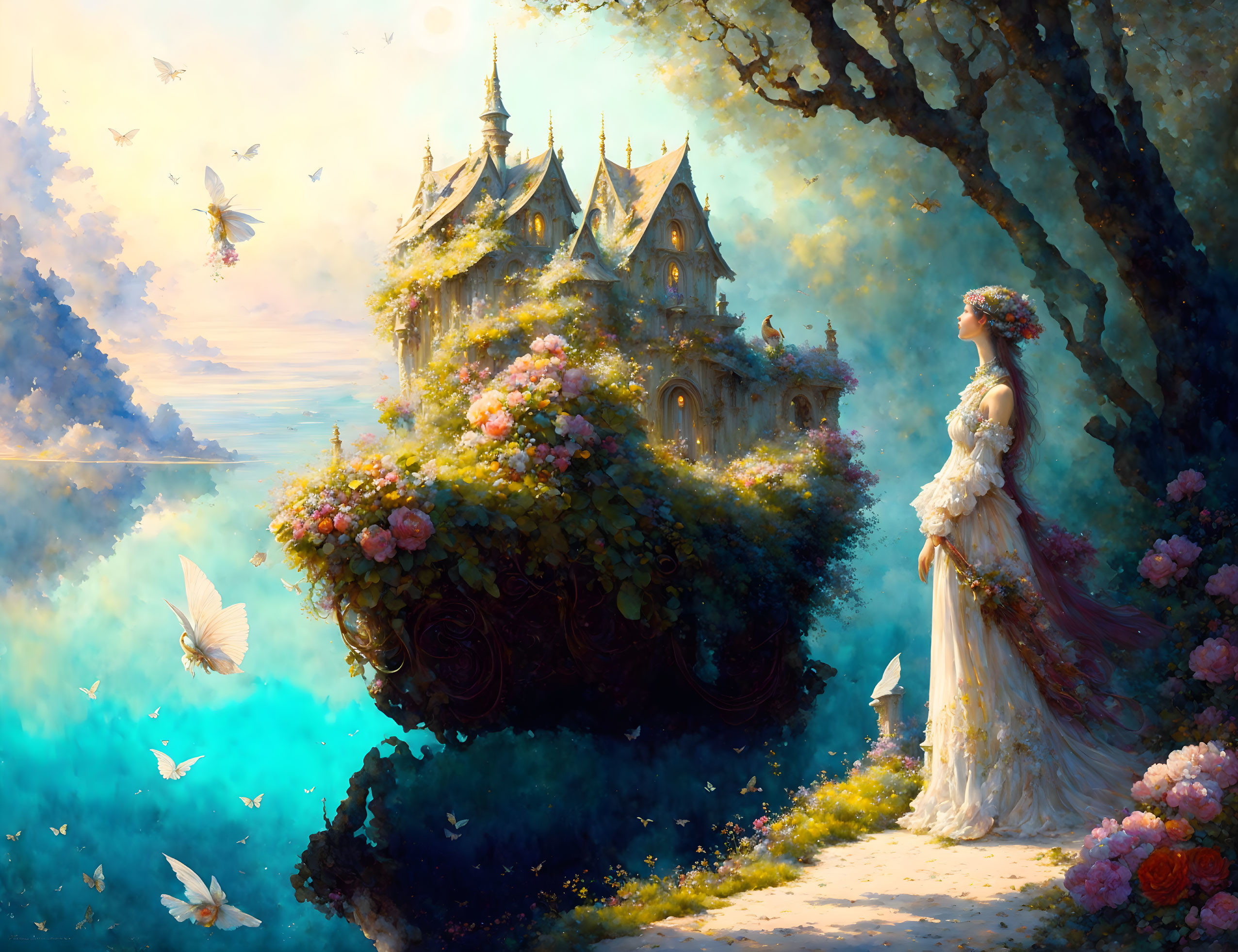 Woman in white gown admires fairytale castle in floral landscape.