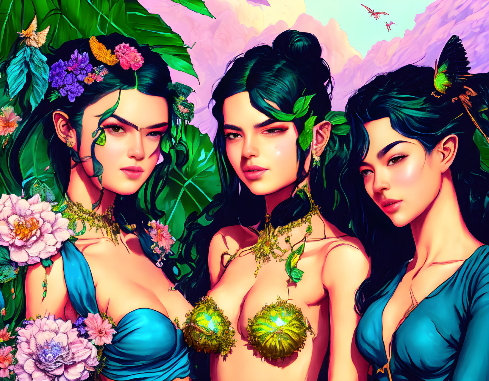 Stylized women with botanical elements on vibrant floral background