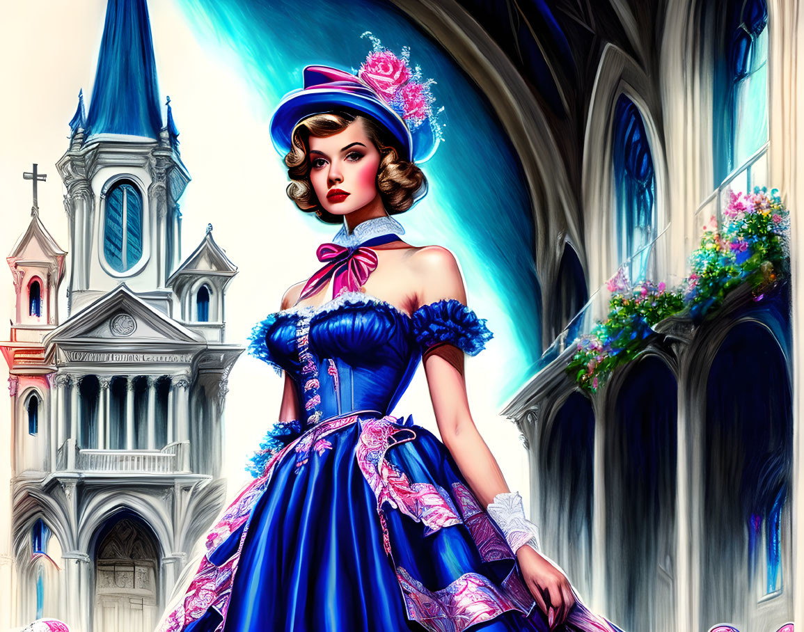 Vintage blue dress woman in front of gothic church with pink flower hat