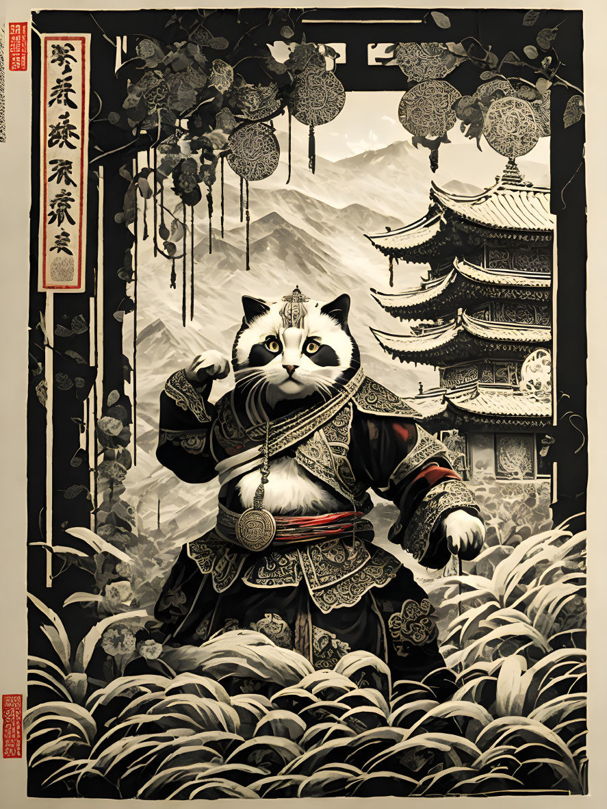 Asian warrior cat illustration in traditional attire with lanterns and pagoda.