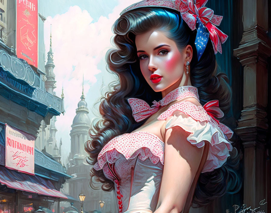 Vintage-style illustration of a woman with wavy hair and vintage attire against cityscape.