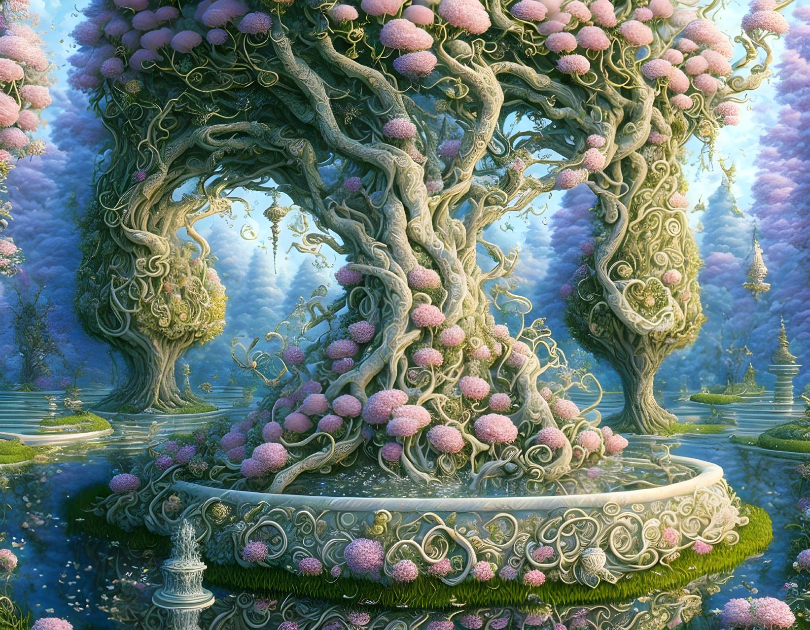 Ornate pink blossomed tree in mystical forest landscape