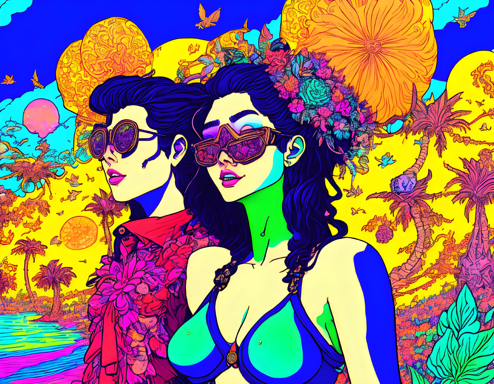 Vibrant illustration: two women with stylish sunglasses and ornate hairdos on psychedelic background.