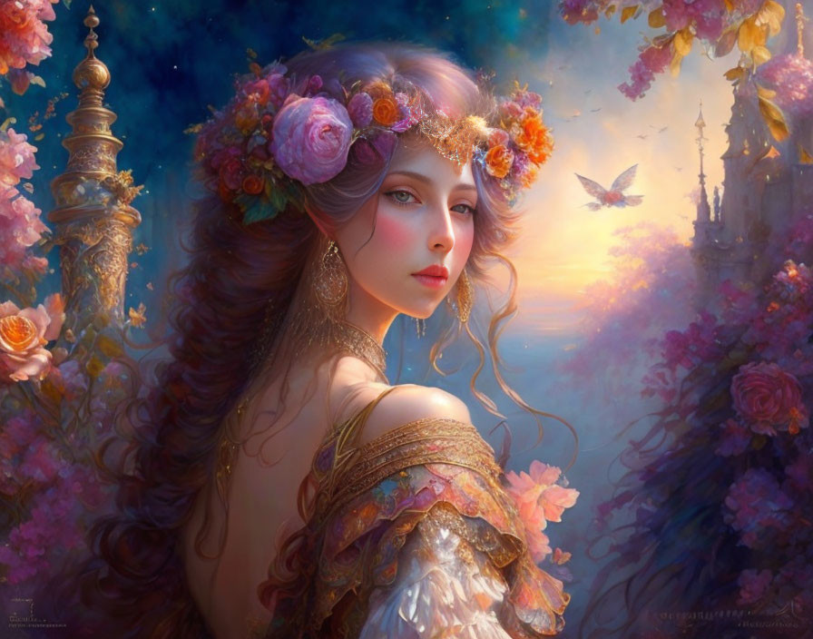 Woman with floral crown in mystical flower-filled ambiance.