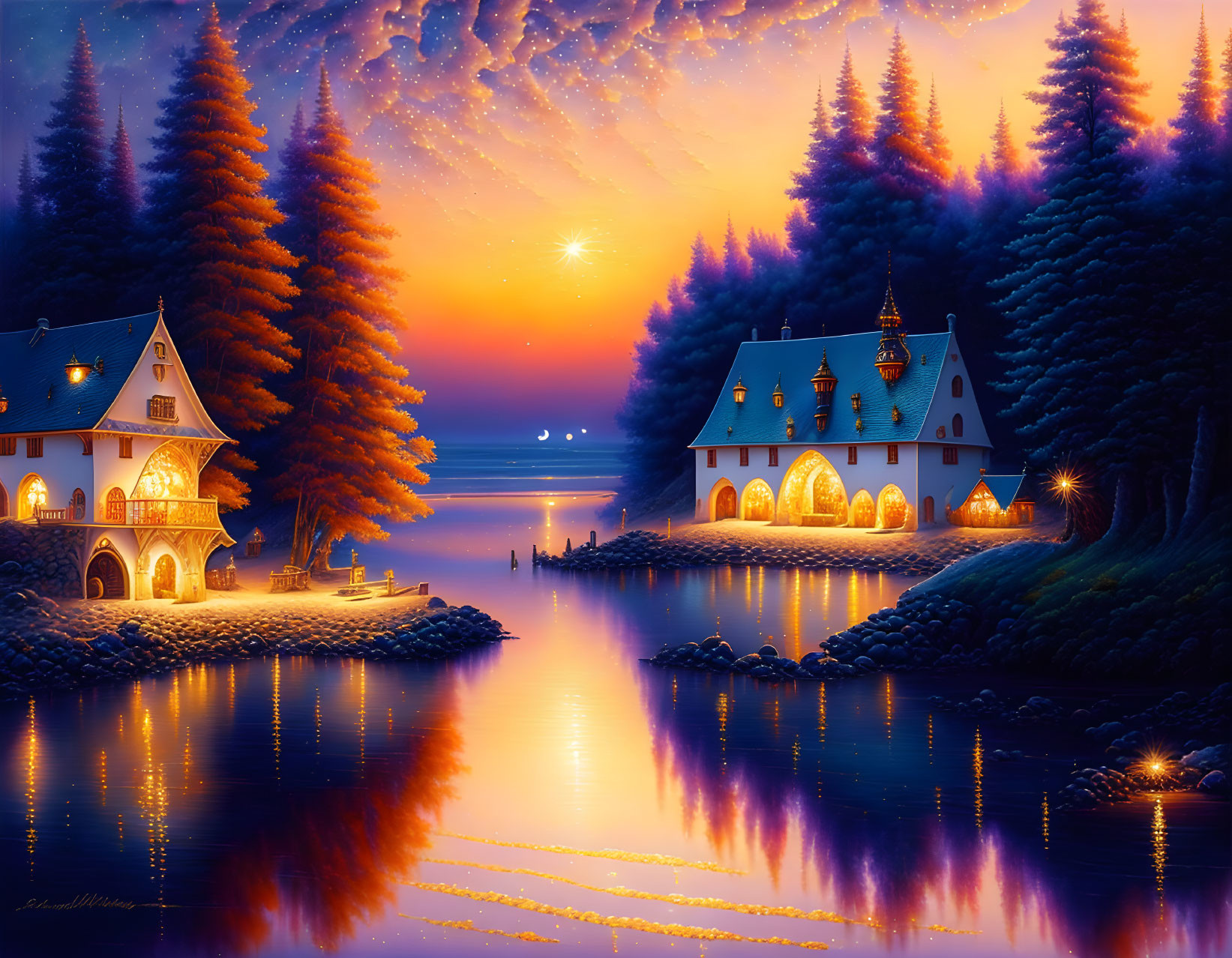 Twilight lakeside scene with illuminated cottage, towering trees, and starry sky reflected in water