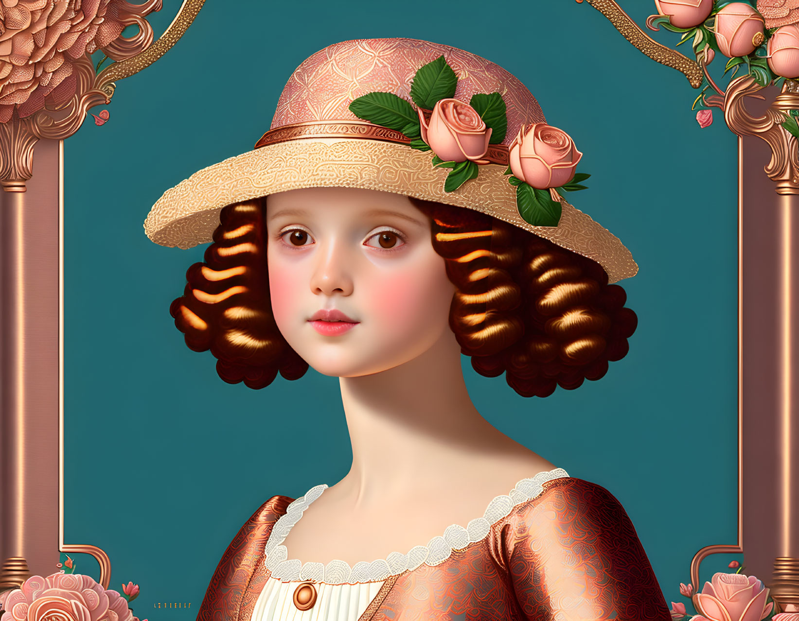 Curly-haired girl in Victorian hat with roses in serene pose against floral background