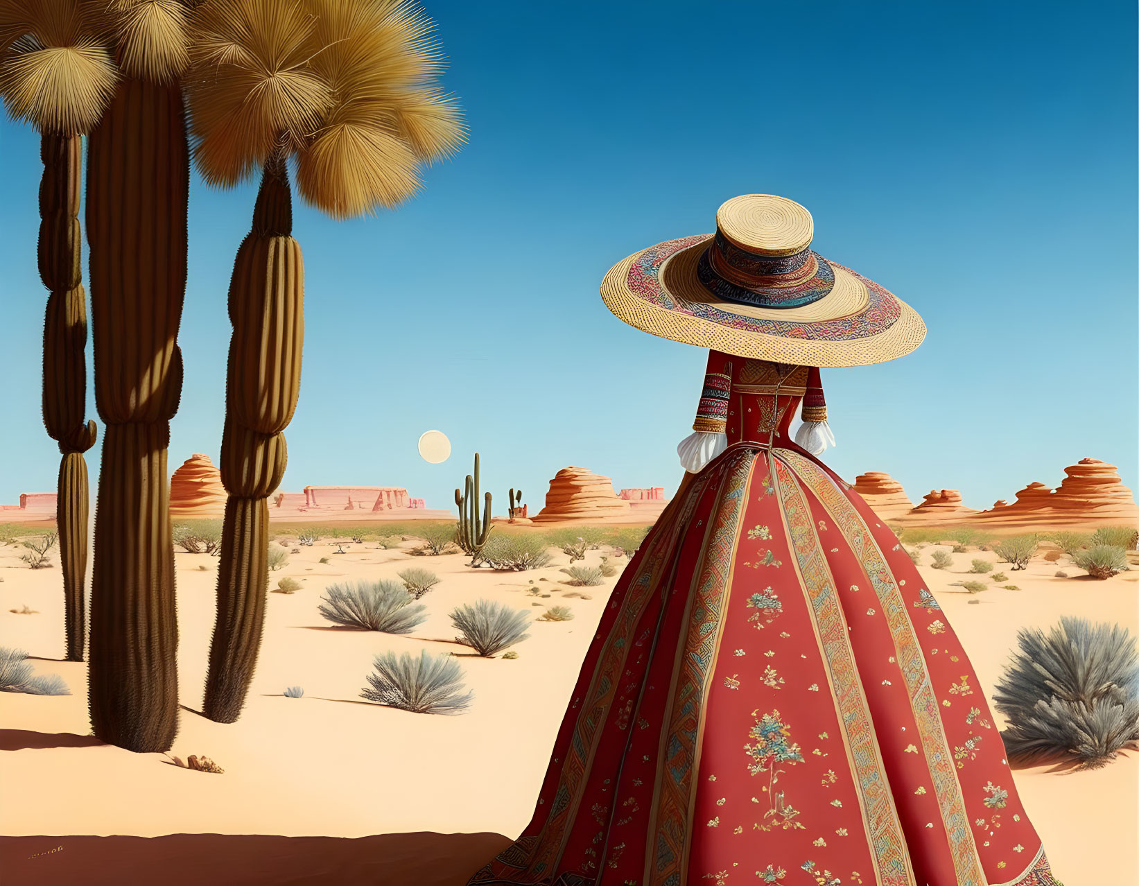 Person in wide-brimmed hat and red dress in surreal desert with cacti.