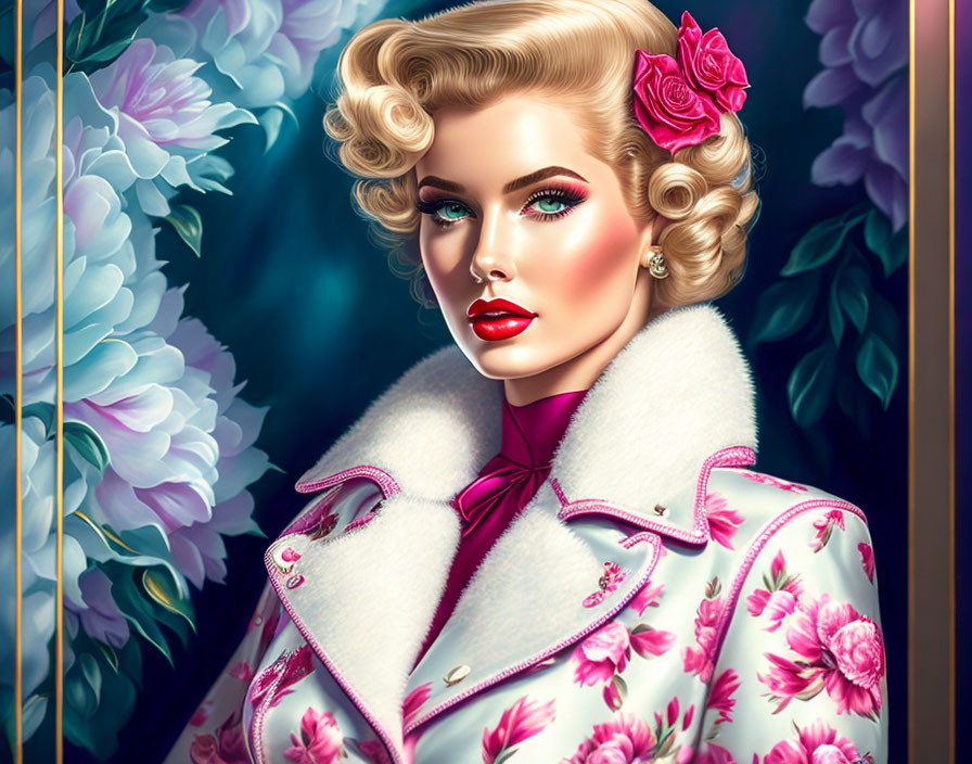 Glamorous vintage-inspired blonde woman in pink floral coat