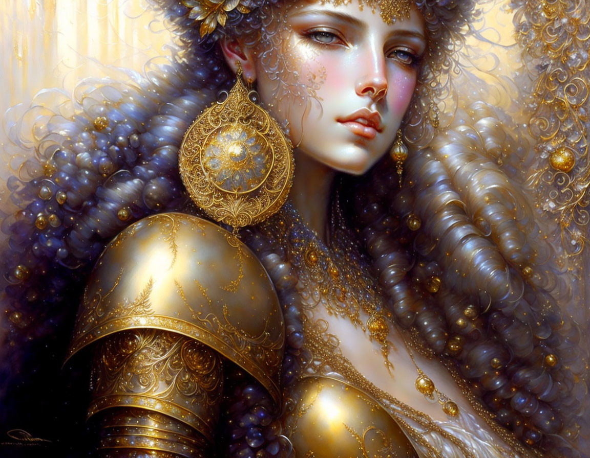 Detailed illustration of woman in golden armor with curly hair