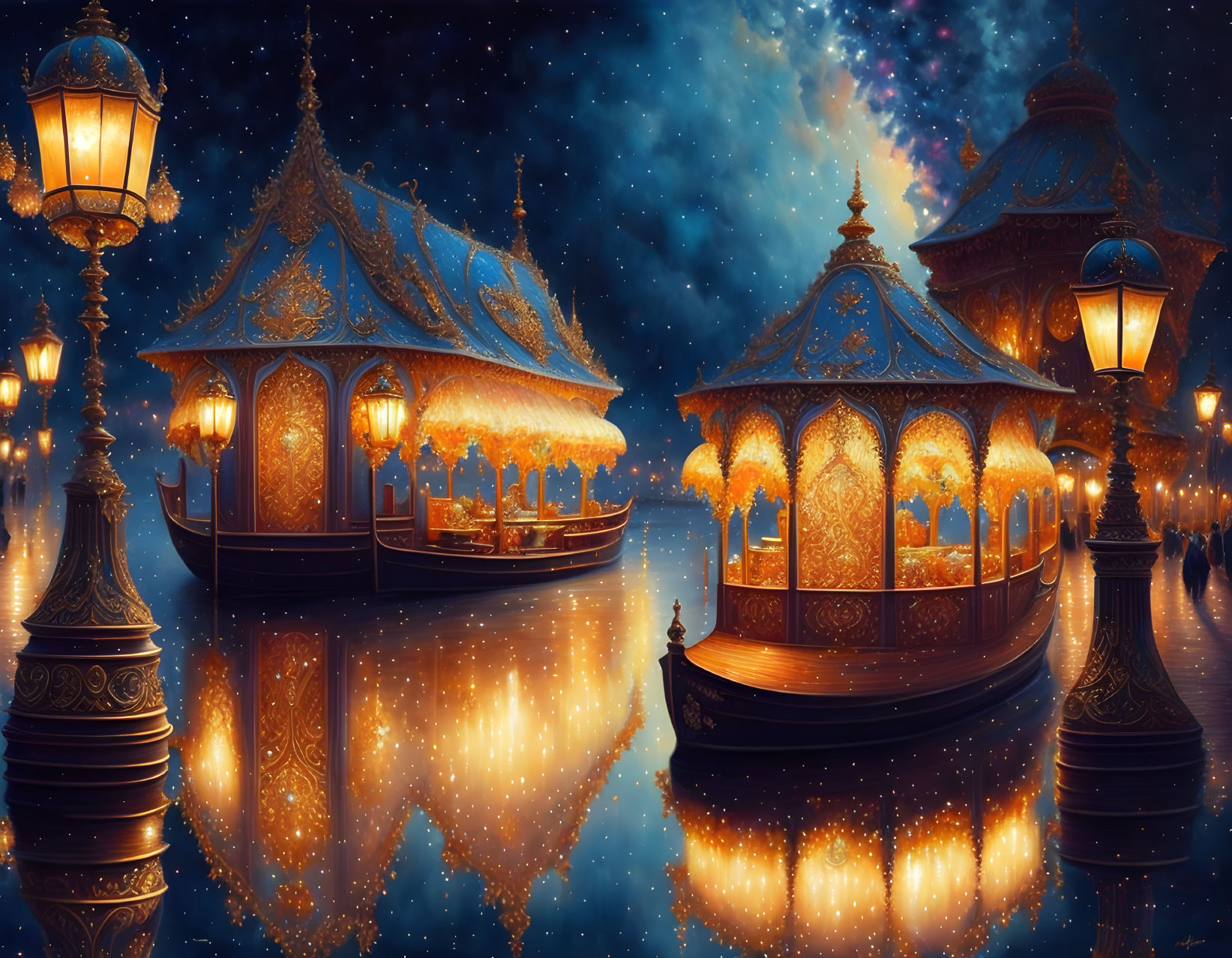 Illuminated boats on serene water under starry night sky