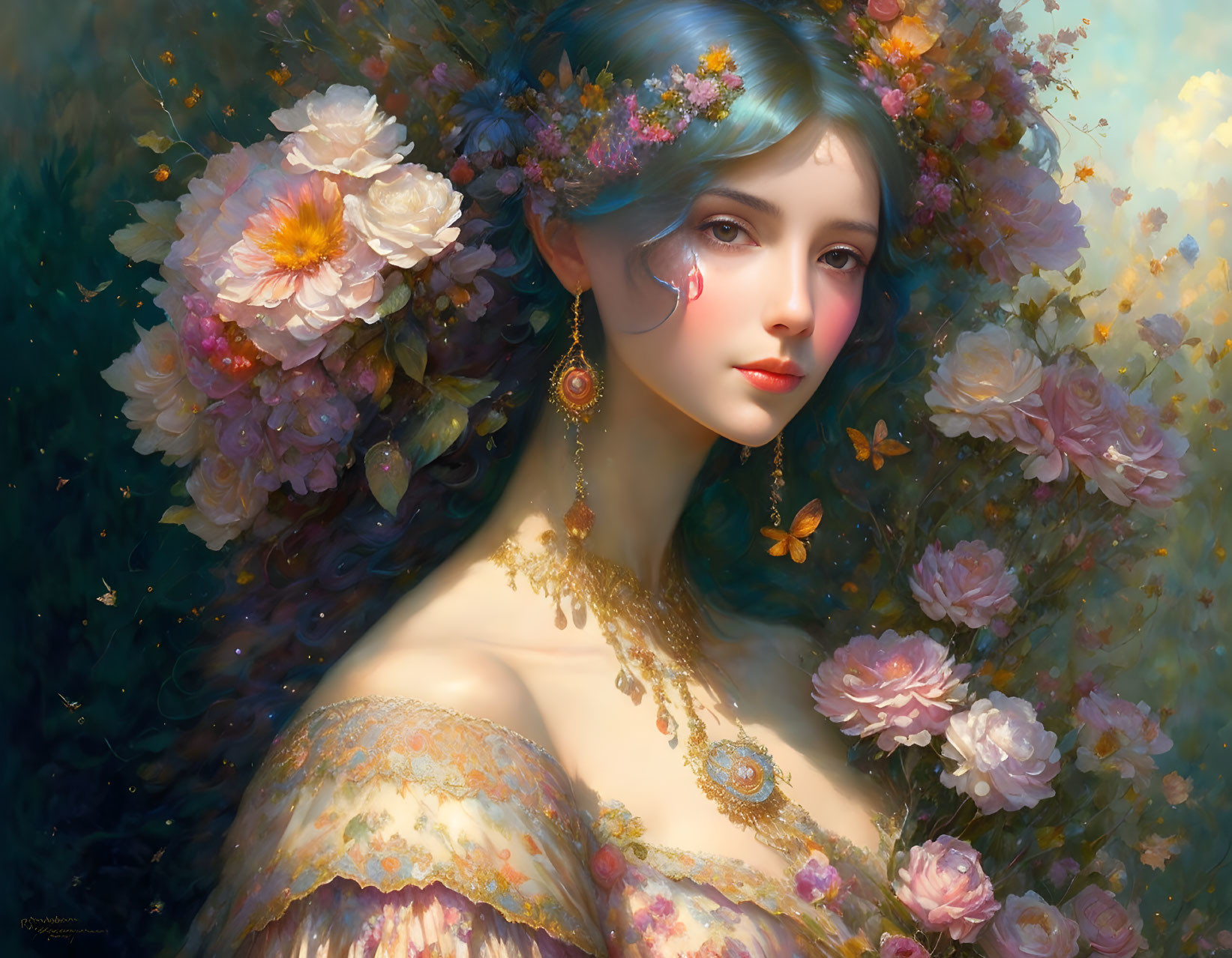 Blue-haired woman surrounded by flowers and butterflies in serene setting