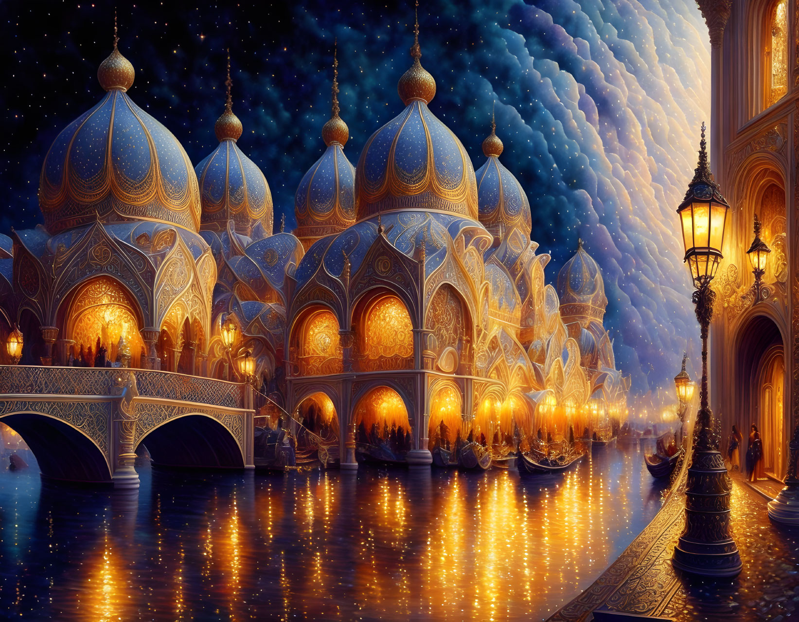 Ornate dome-topped buildings in a fantastical nightscape