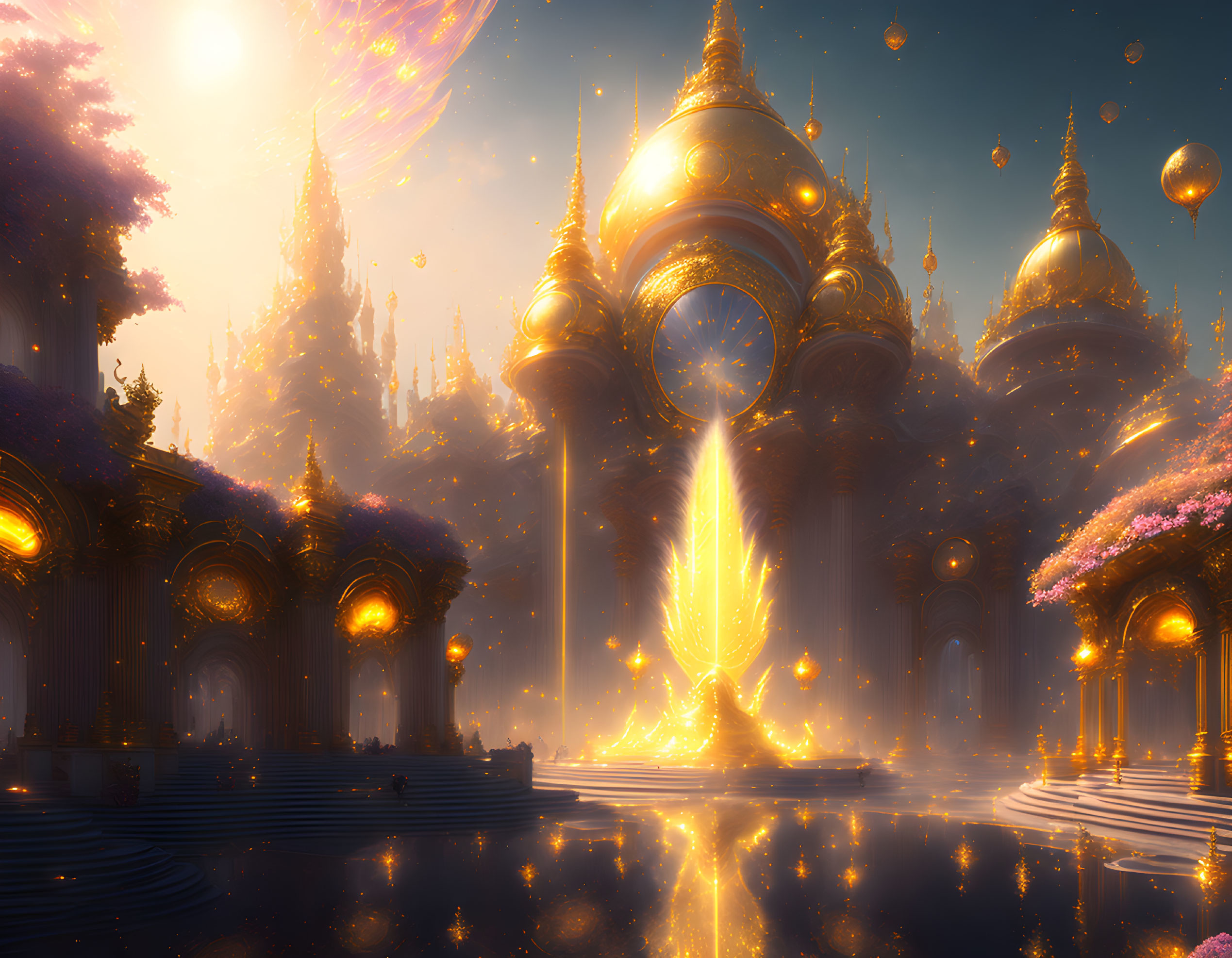 Golden-domed city with central spire and floating orbs in sunlit forest