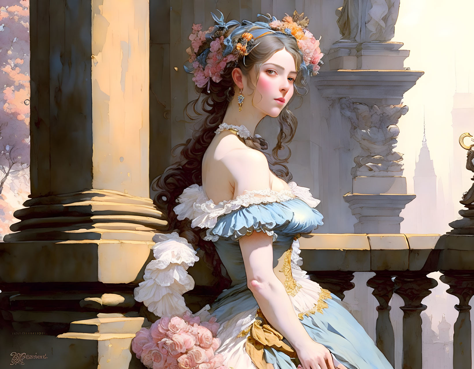 Digital painting of lady in blue and white dress by stone balustrade