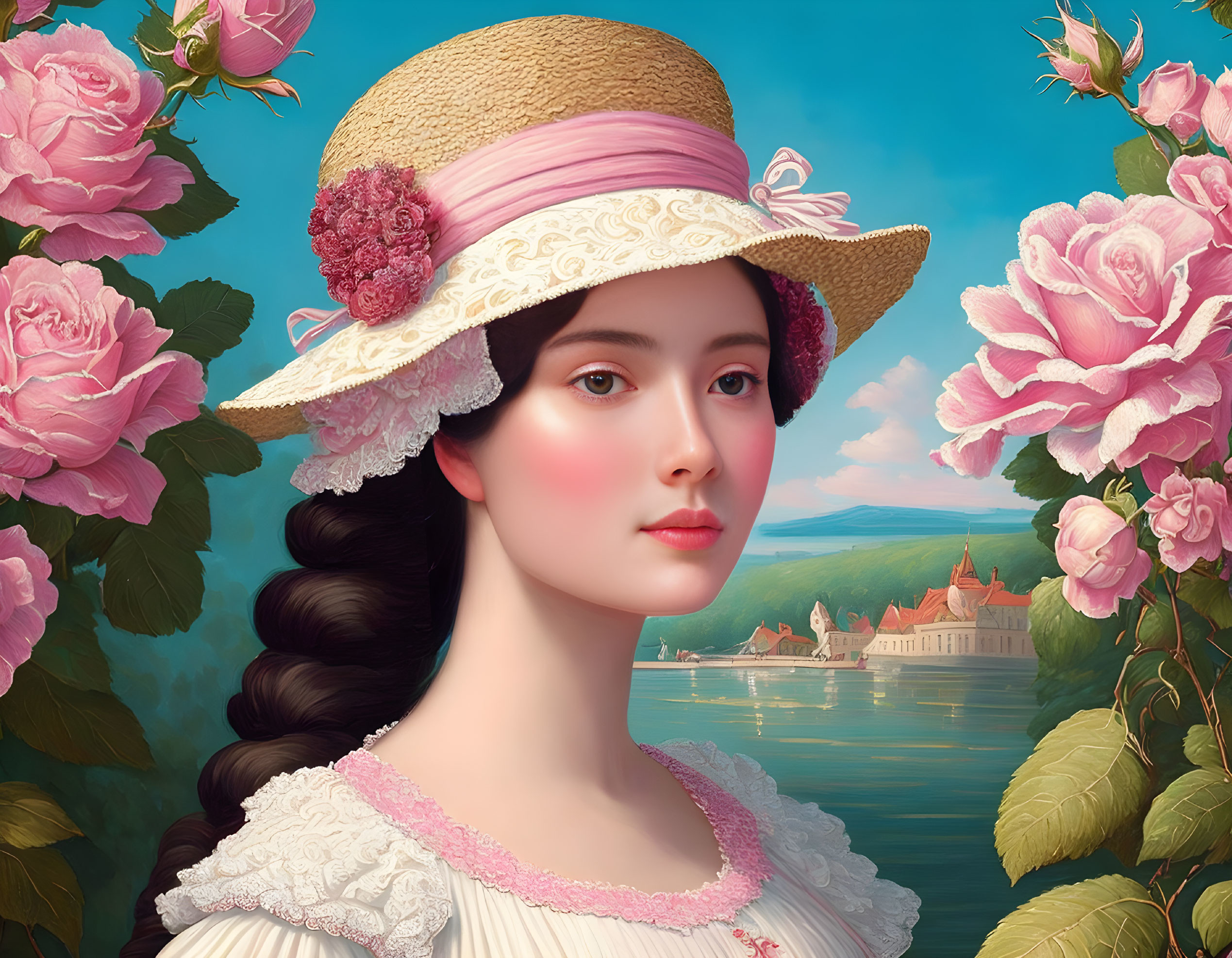 Porcelain-skinned woman in hat with pink ribbon, among roses by lake