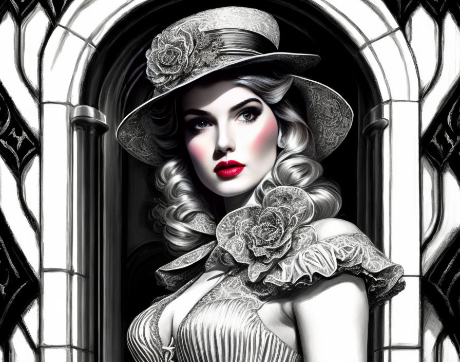 Monochrome stylized woman with red lips in vintage hat and floral accessories against arched background