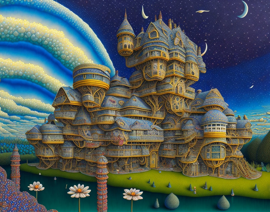 Fantasy landscape with whimsical castle, towers, orbs, swirling skies, and crescent moons