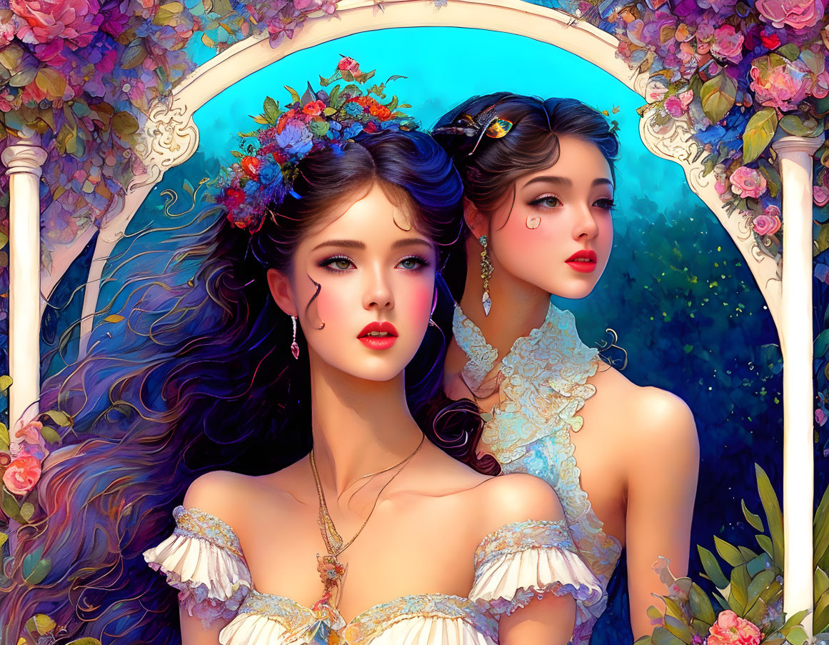 Elegantly dressed women with intricate hairstyles and vibrant flowers.