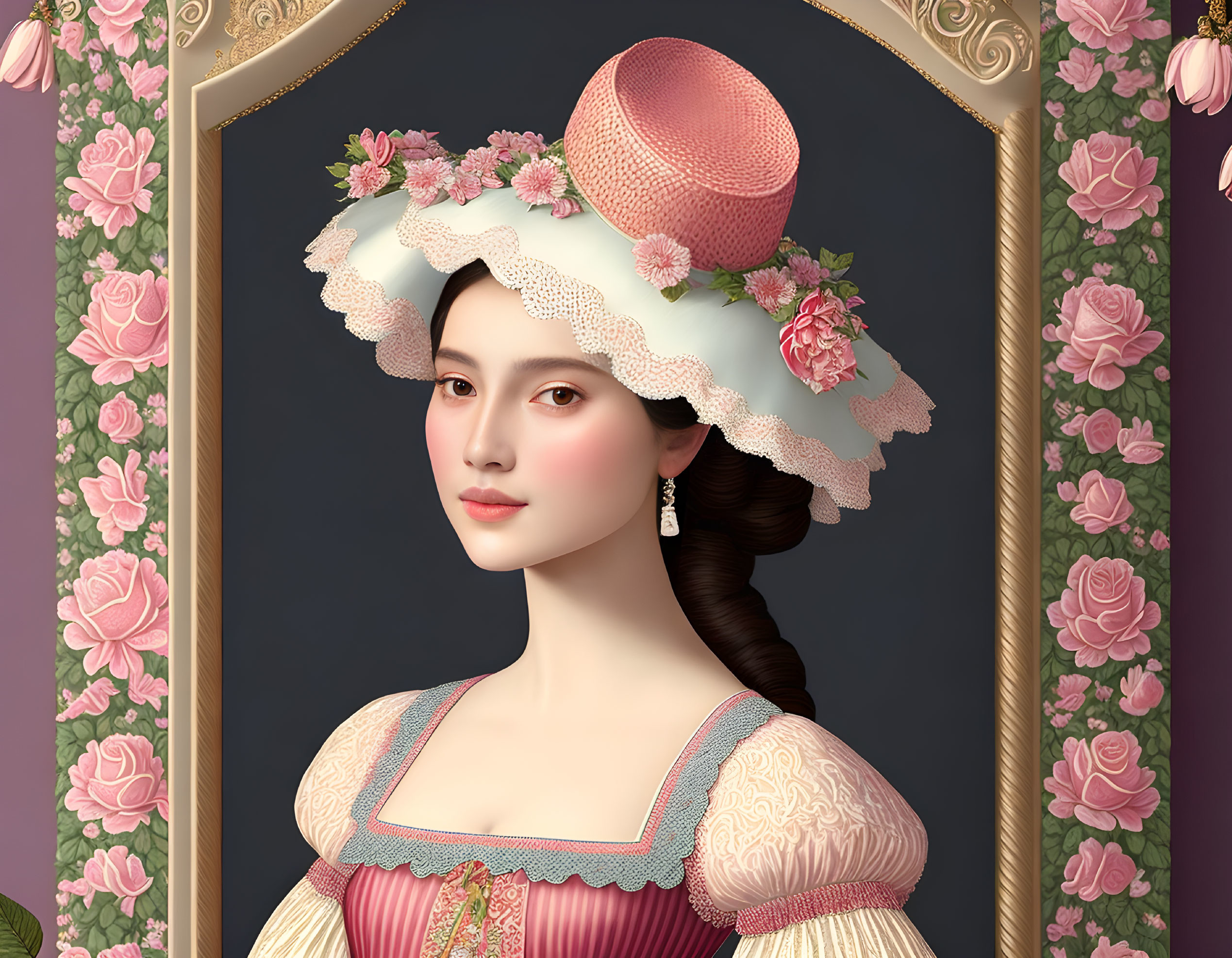 Vintage woman portrait in pink dress and hat with floral details in rose-themed frame.