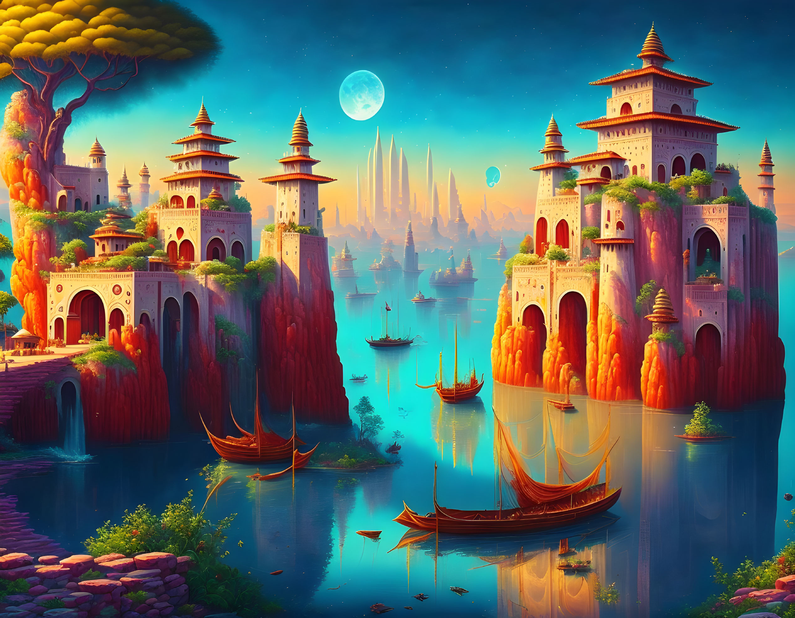 Vibrant Castles on Cliffs in Fantasy Landscape