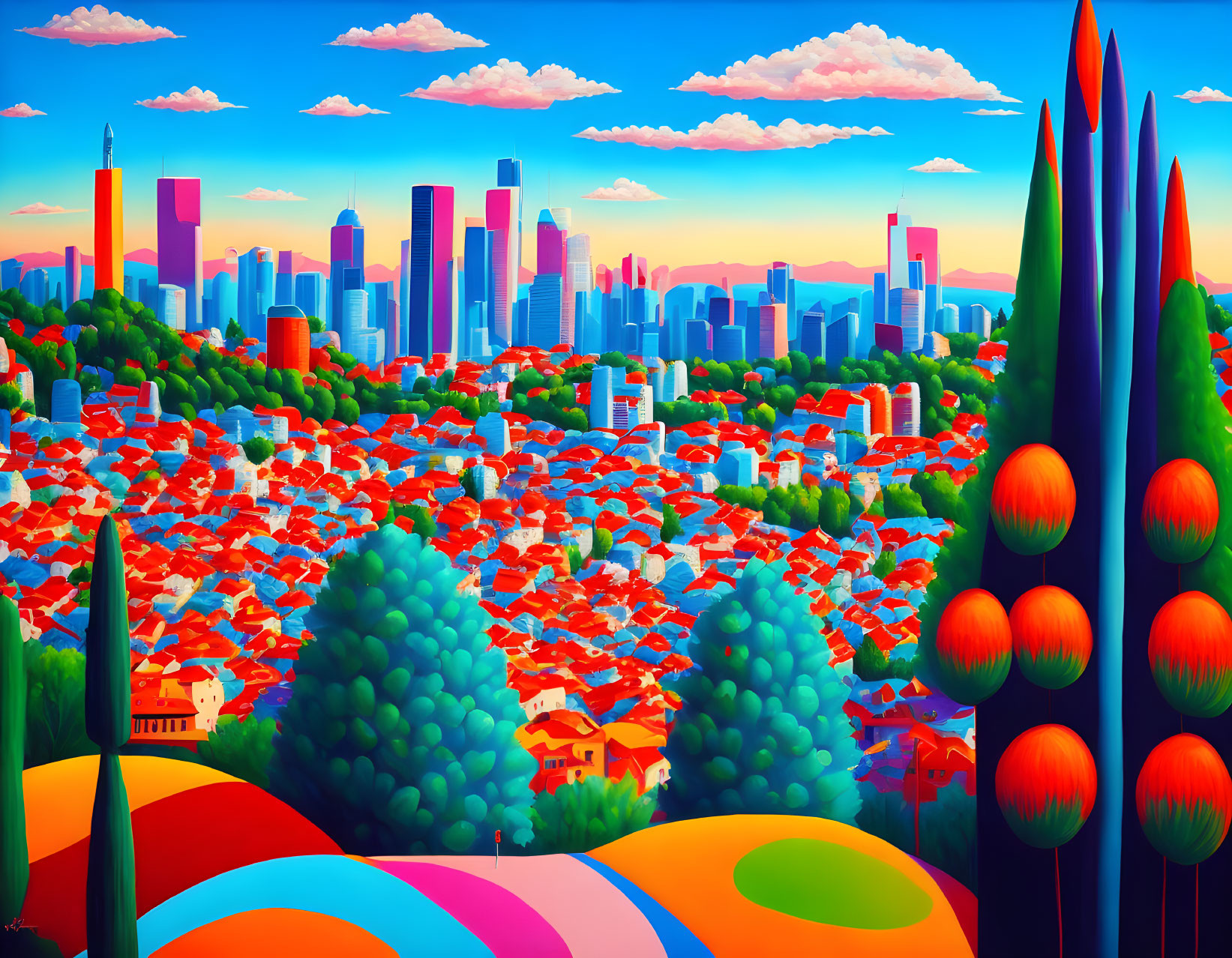 Colorful cityscape with skyscrapers and rolling hills scene