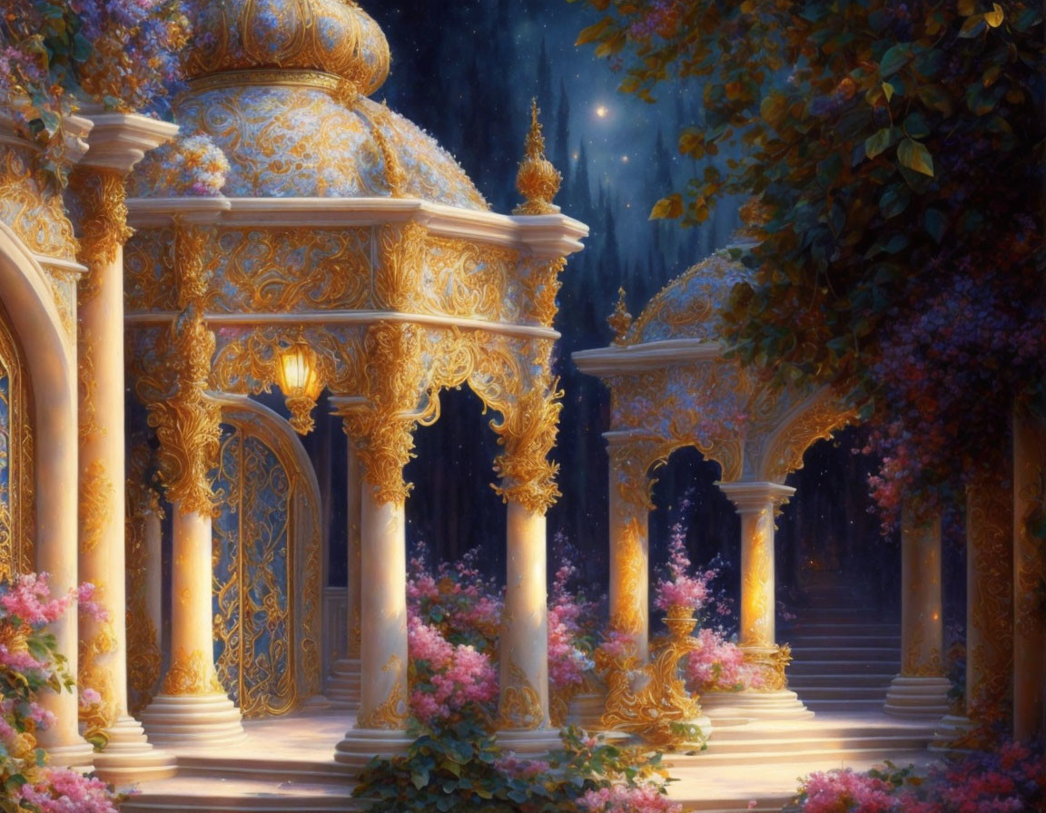 Moonlit ornate pavilion with gold details in a floral setting beneath starry sky