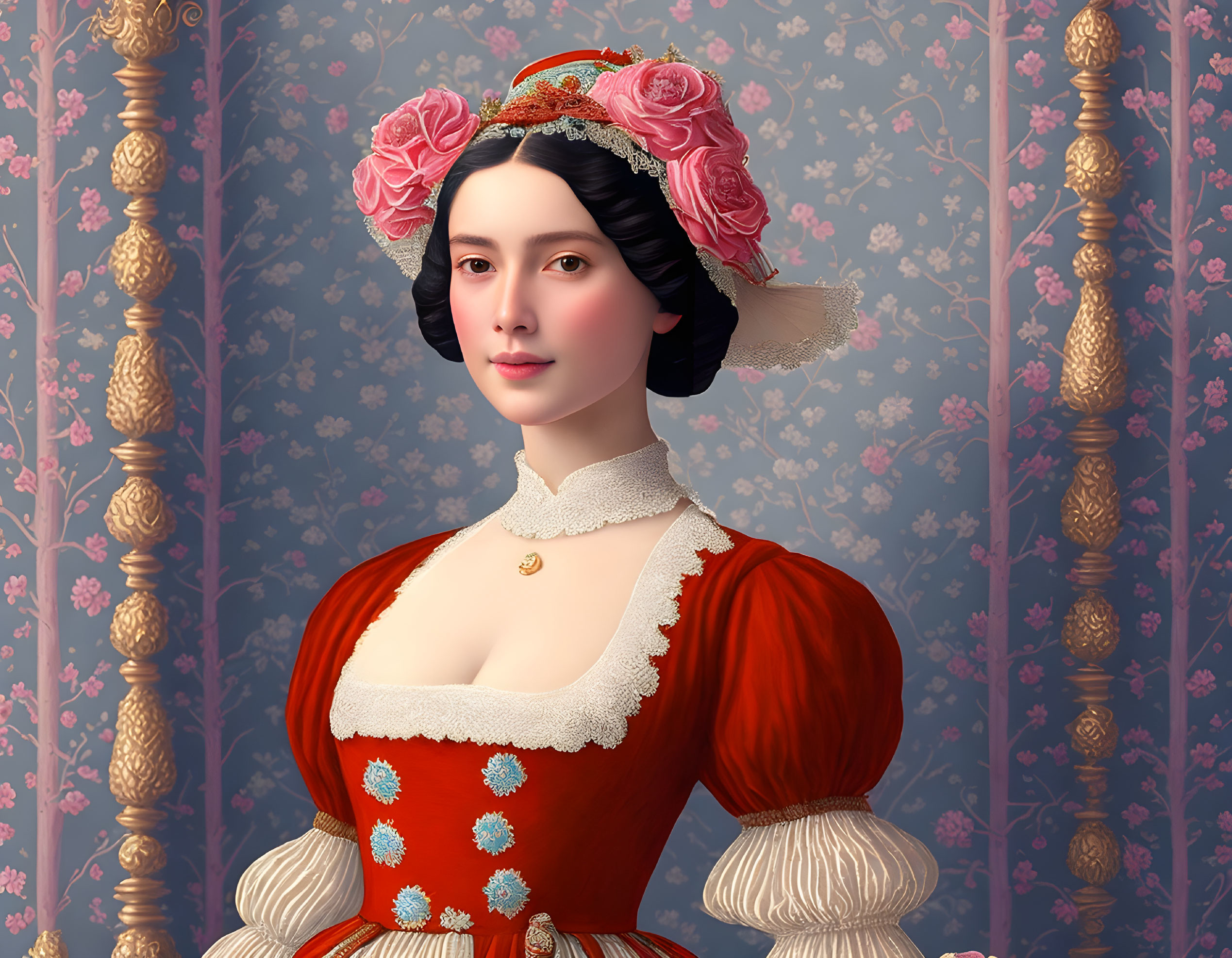 Vintage Woman Portrait in Red Dress & Floral Bonnet on Patterned Background