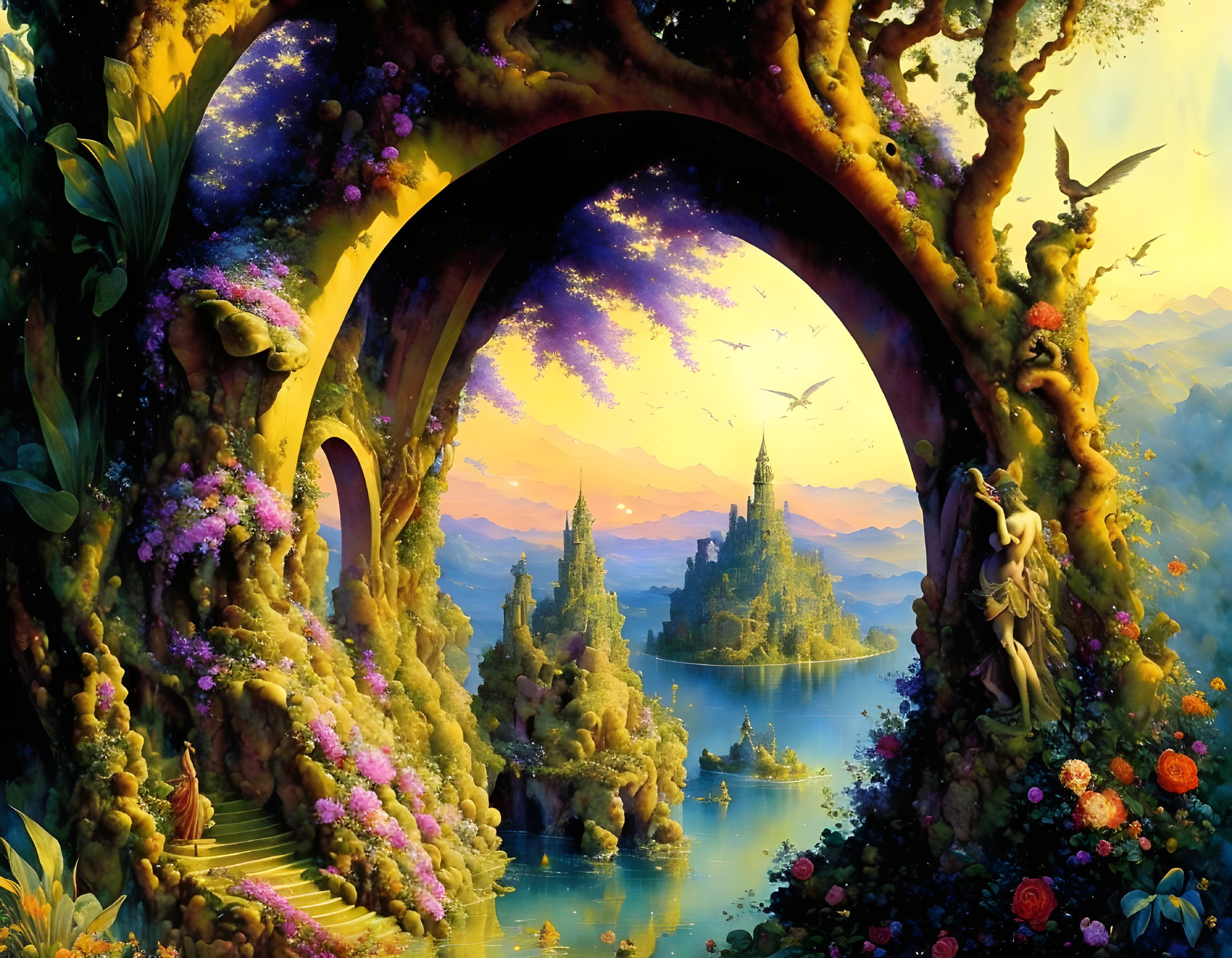 Fantasy landscape with arching tree gateway, colorful flora, castle, sunset sky.