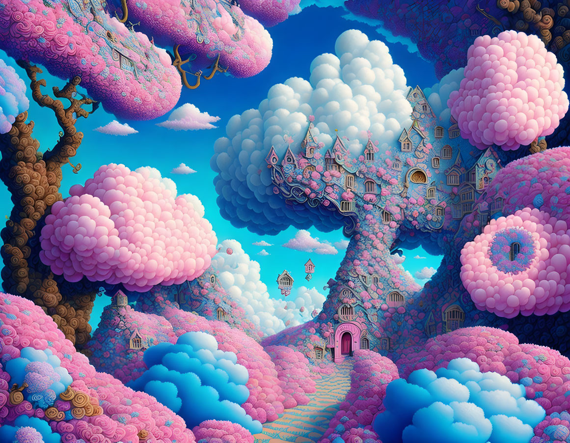 Vibrant dreamlike landscape with pink and blue flora and floating islands