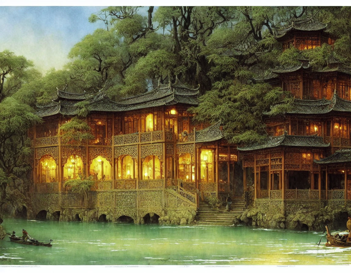 Asian-style Multi-Story Wooden Pavilions at Twilight beside River