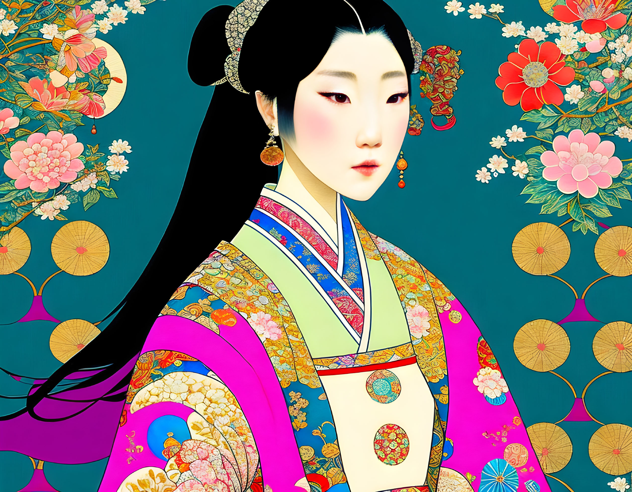 Detailed Asian woman in traditional attire with floral patterns & colorful flower backdrop