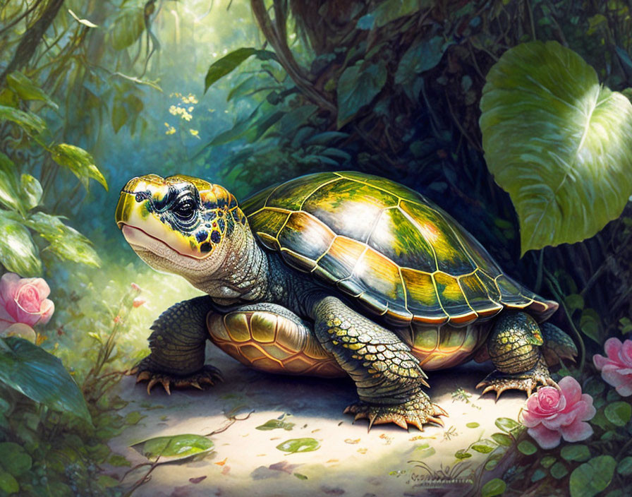 Colorful Turtle Illustration in Lush Jungle with Pink Flowers