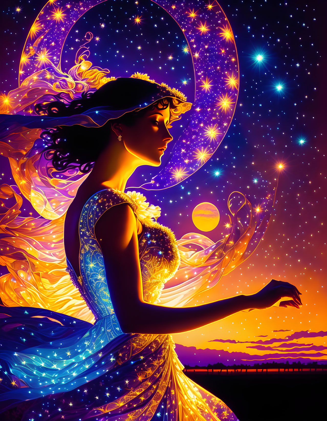 Illustration of woman with halo in cosmic sunset scene