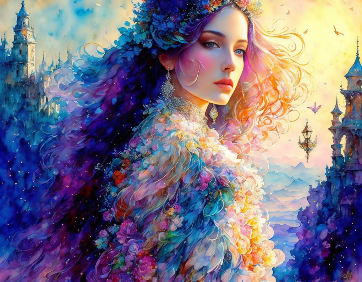 Colorful fantasy artwork of woman in floral attire with whimsical castle background