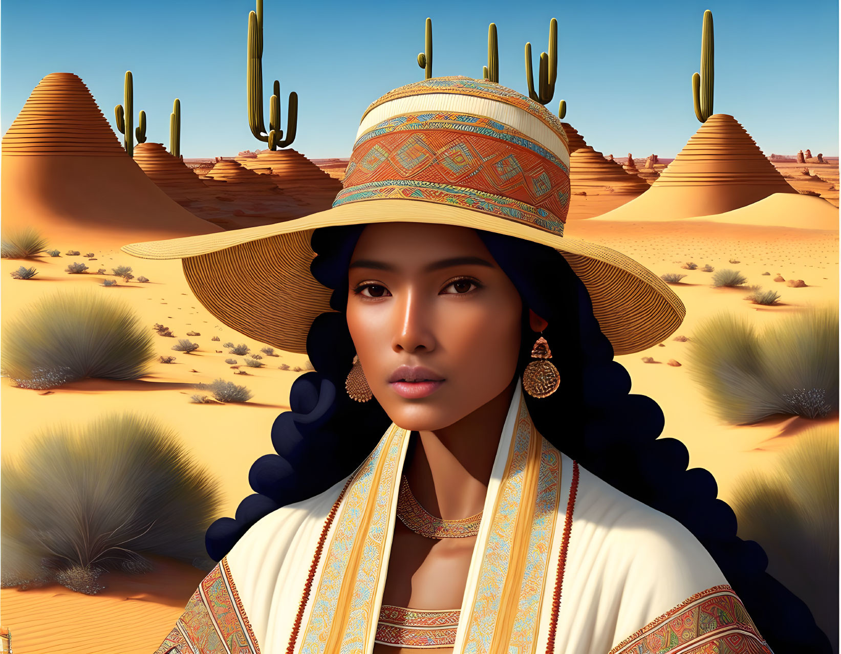 Traditional Attire Woman in Wide-Brimmed Hat Desert Scene