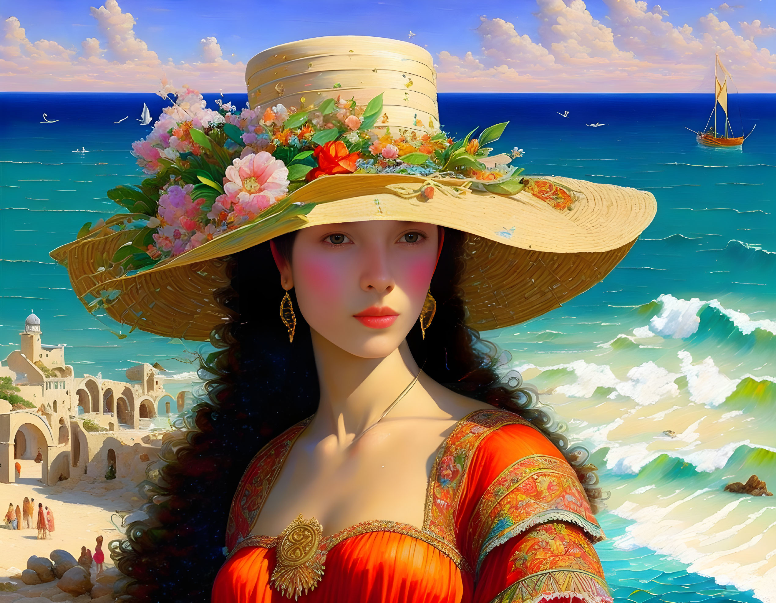 Woman in Floral Hat and Ornate Dress by Coastal Village