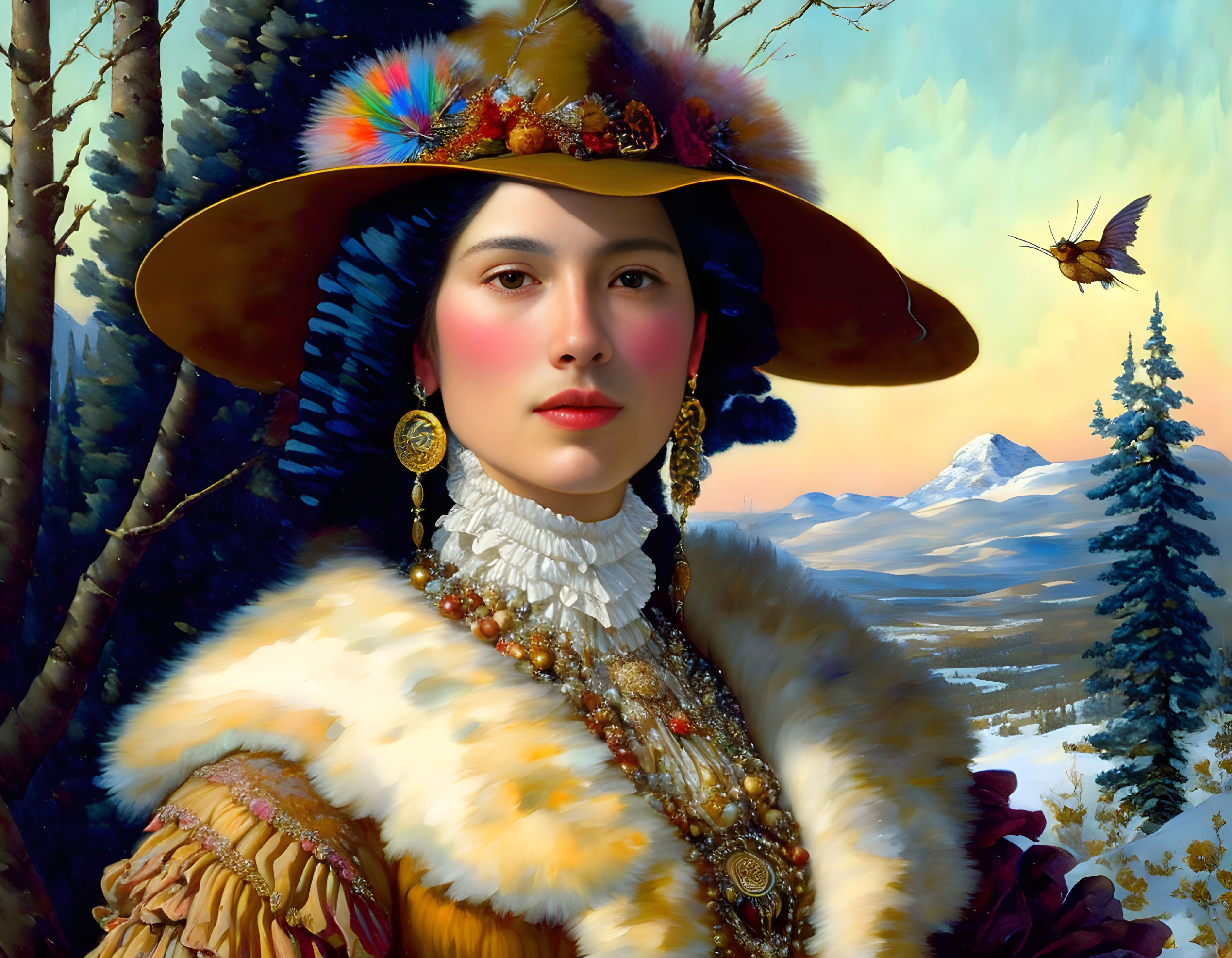 Vintage Attired Woman in Feathered Hat Against Snowy Mountain Landscape