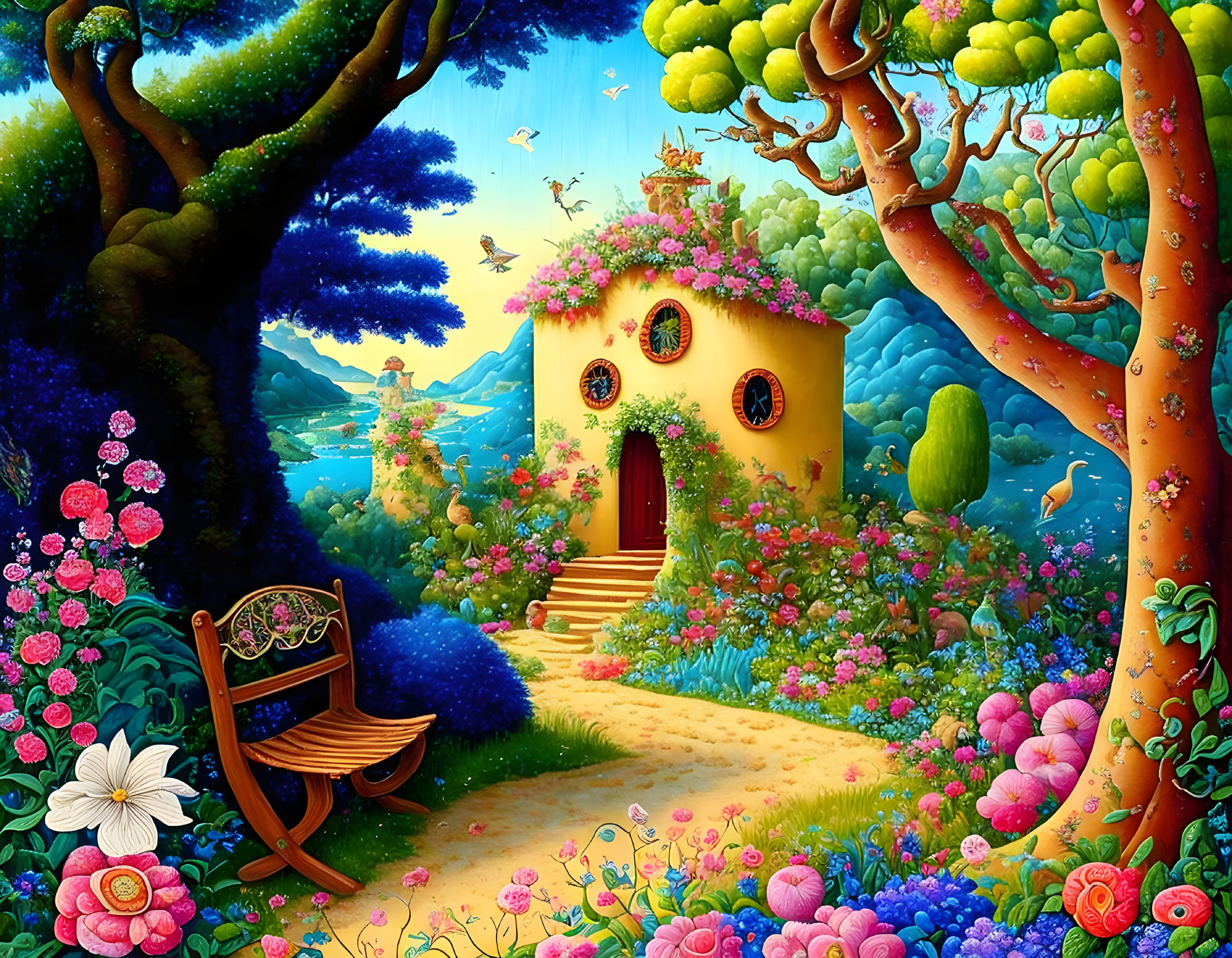 Colorful illustration of whimsical garden with yellow cottage, trees, flowers, bench, birds, and