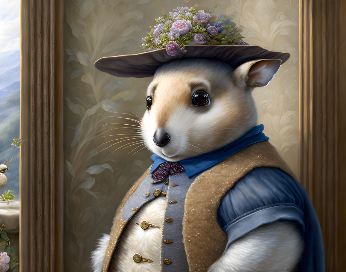 Elegant anthropomorphic mouse in old-fashioned attire portrait.