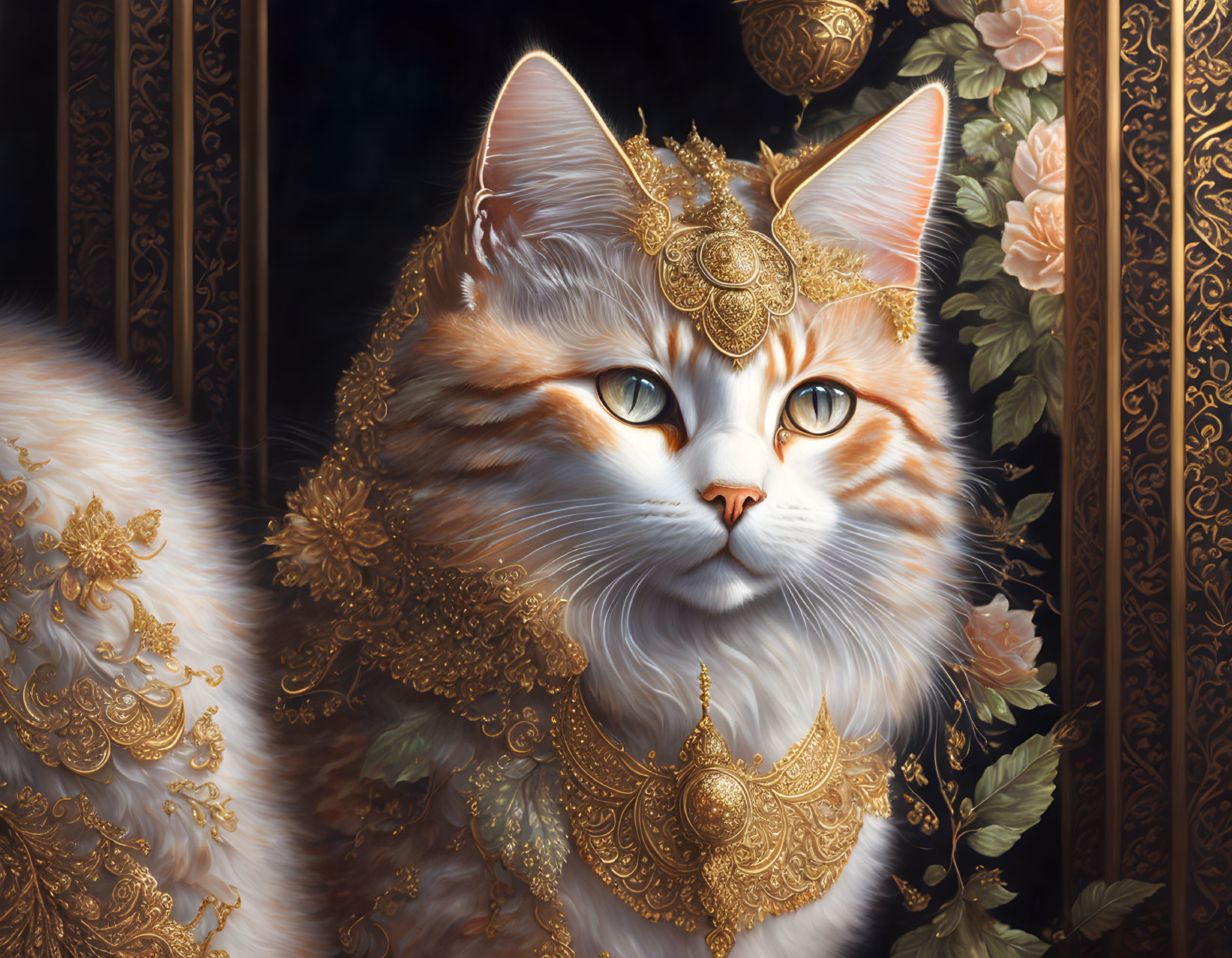 Ornate cat with gold jewelry in regal pose on floral background