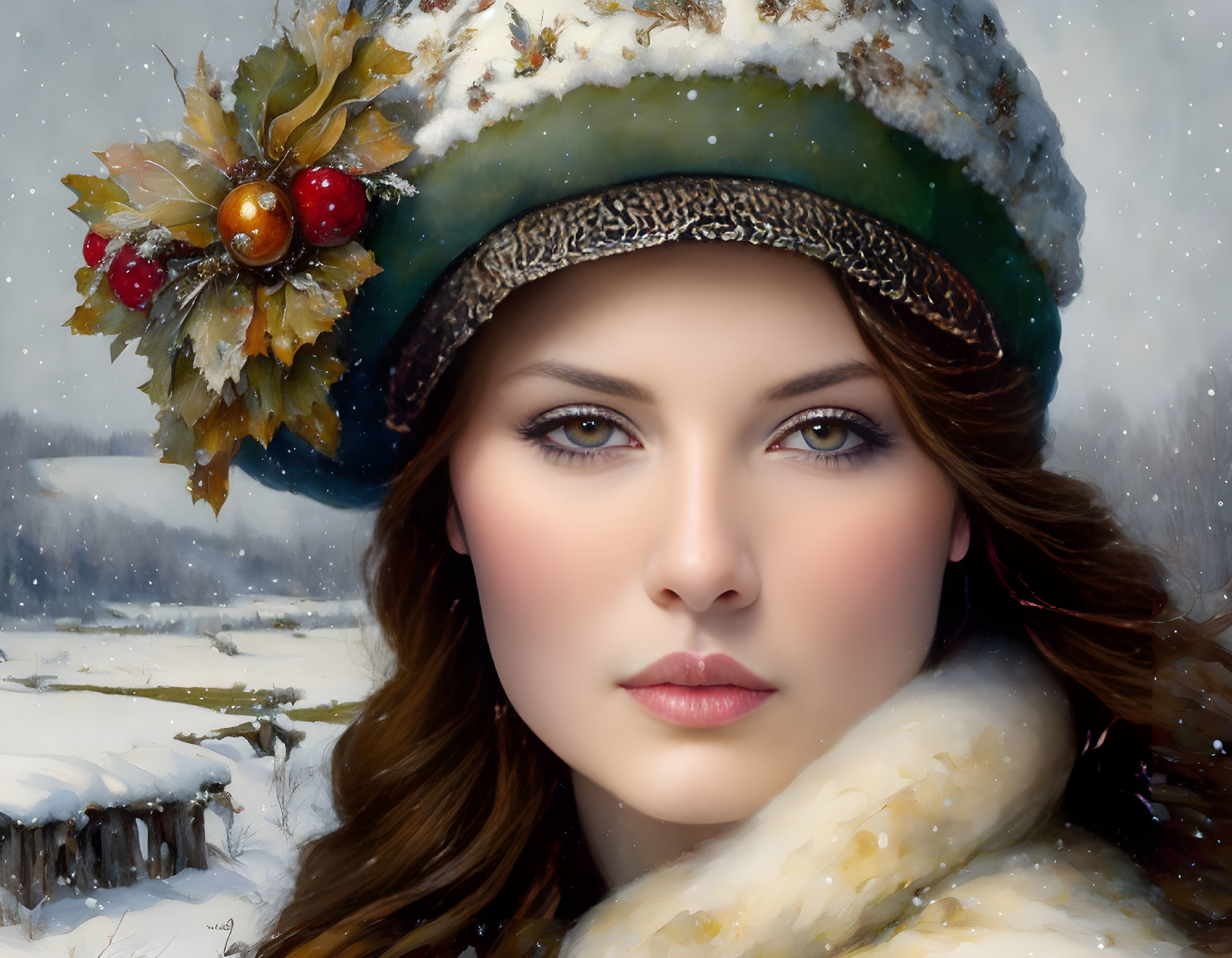 Woman in Winter Hat with Foliage and Berries Against Snowy Landscape