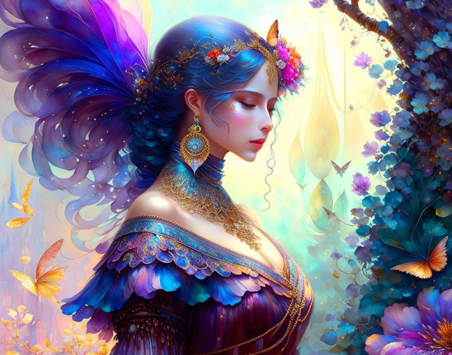 Colorful portrait of a woman with butterfly wings in enchanted forest