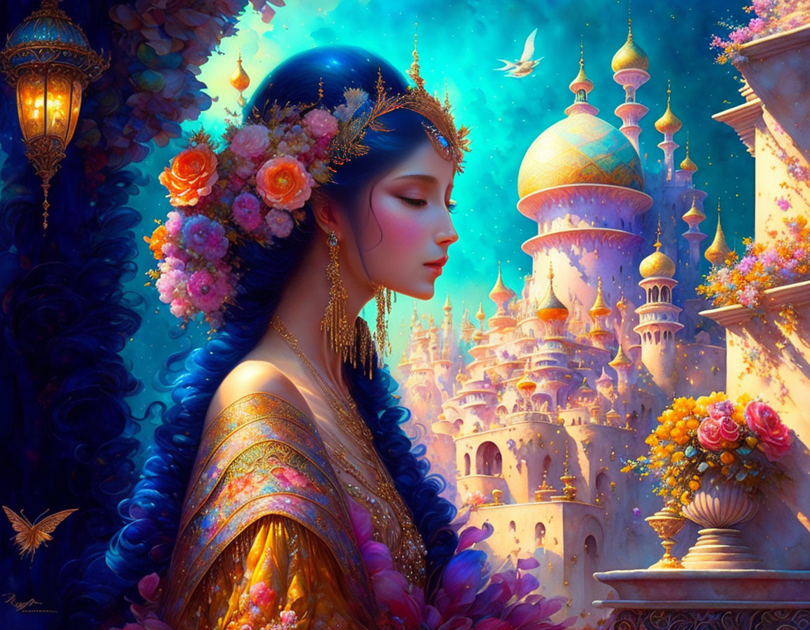 Woman in blue headpiece and gold attire with fantastical palaces and flying birds.