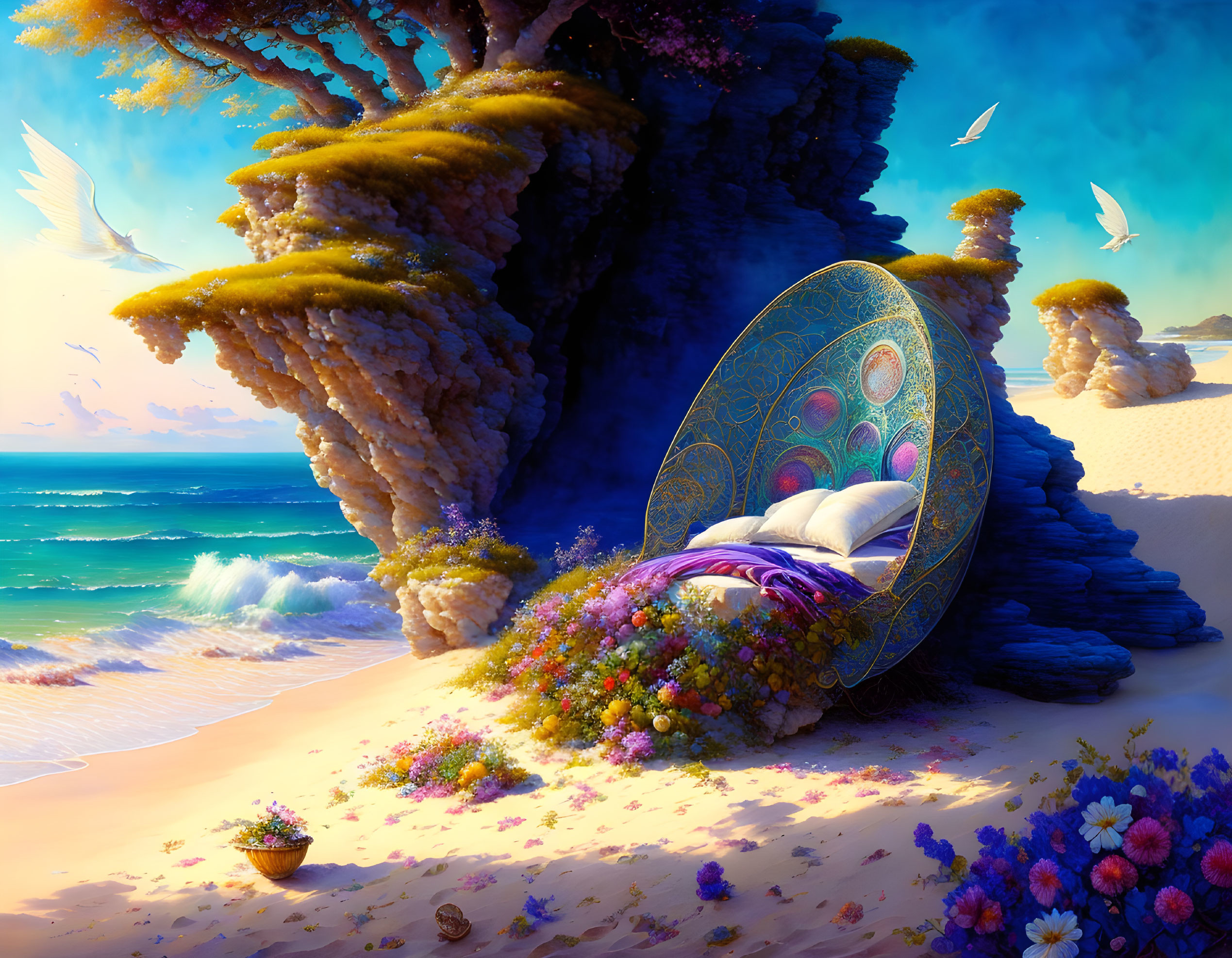 Vibrant peacock-themed bed in fantasy beach setting