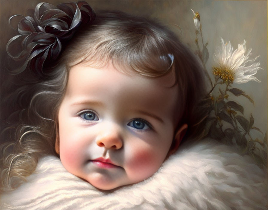 Baby painting with big blue eyes and black flower in dark hair