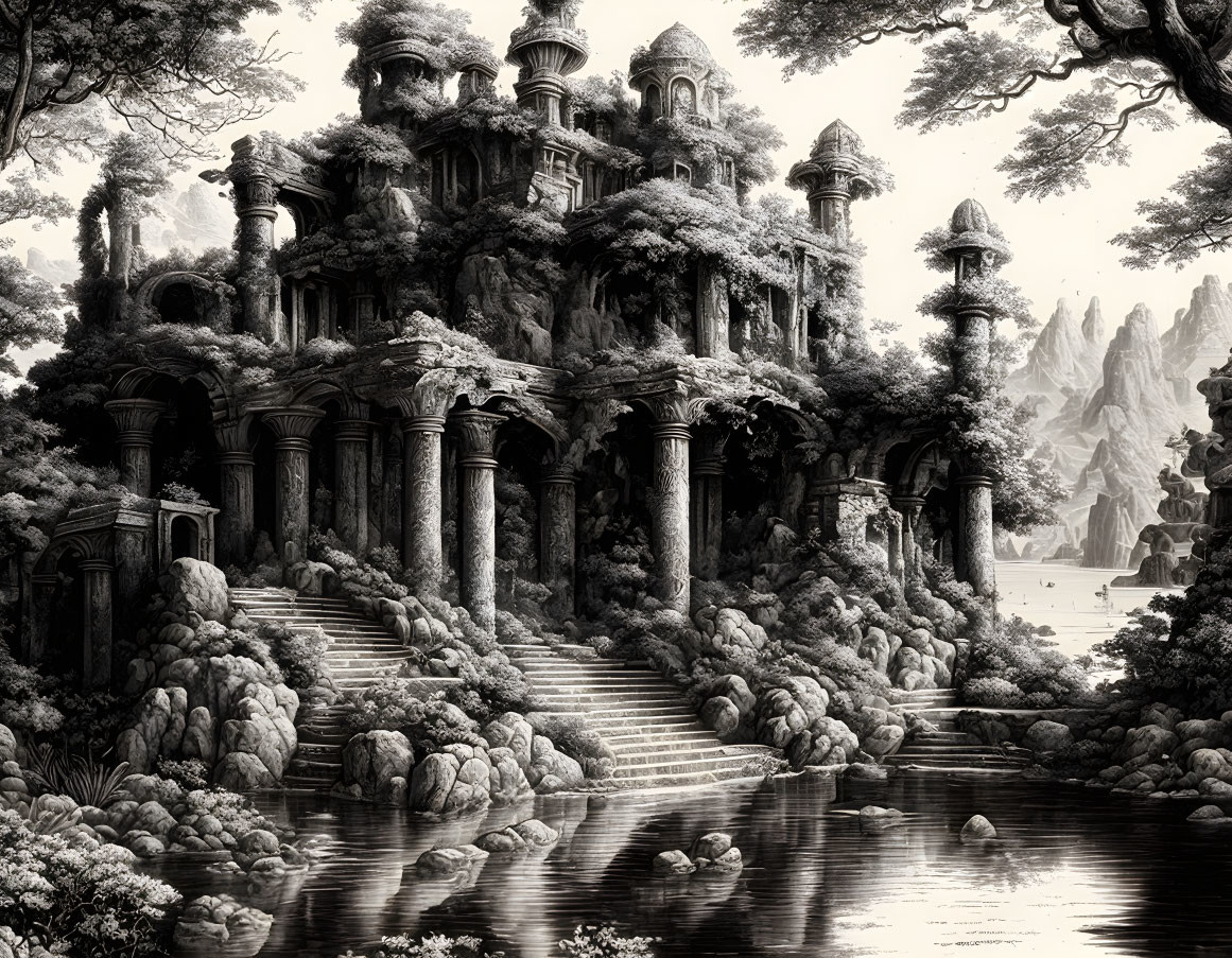 Detailed black and white illustration of ornate temple in lush setting with staircase and water.