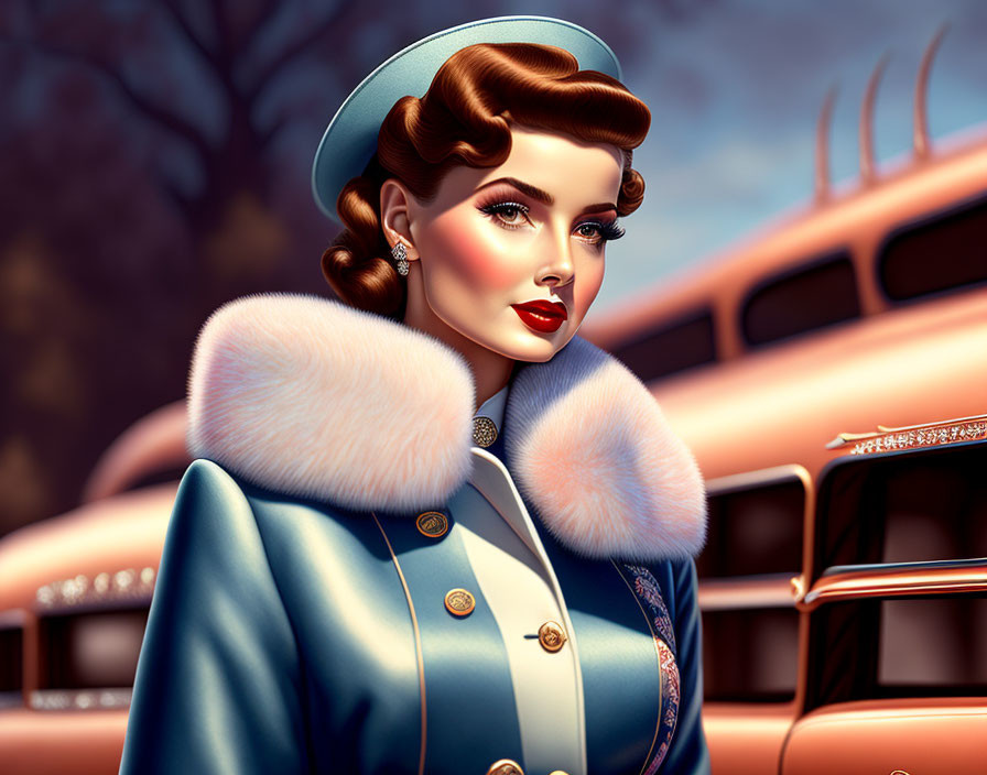 Vintage Woman in Blue Hat and Coat with Classic Car